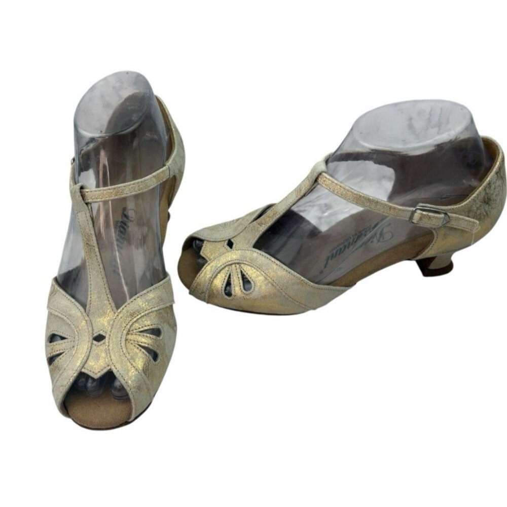 Diamant T-Strap Dance Shoes Girls Youth 3.5 Gold Metallic Leather Tango Salsa - Picture 3 of 16